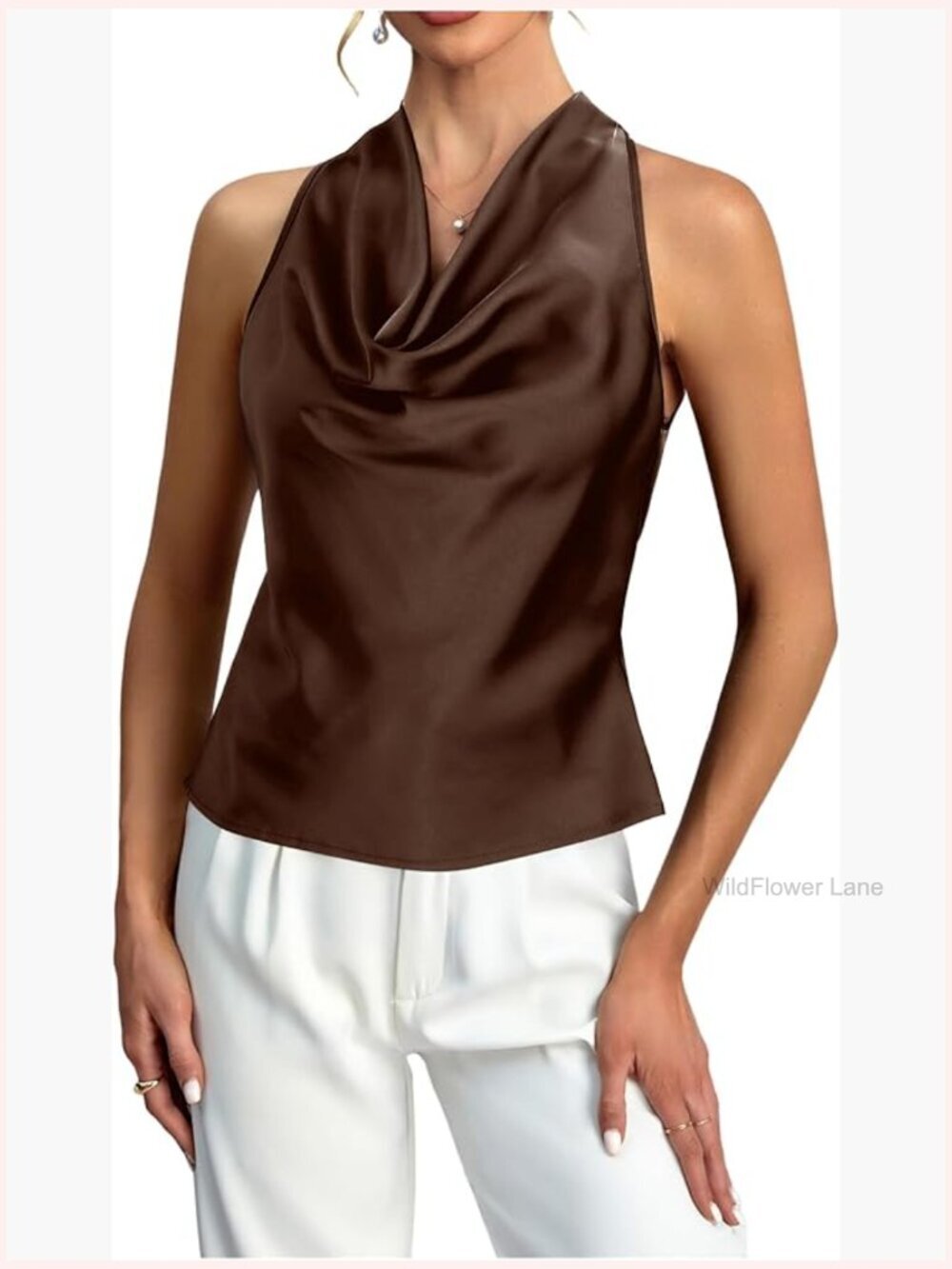 Satin Cowl Neck Halter Top Sleeveless Tie Back Blouse Elegant